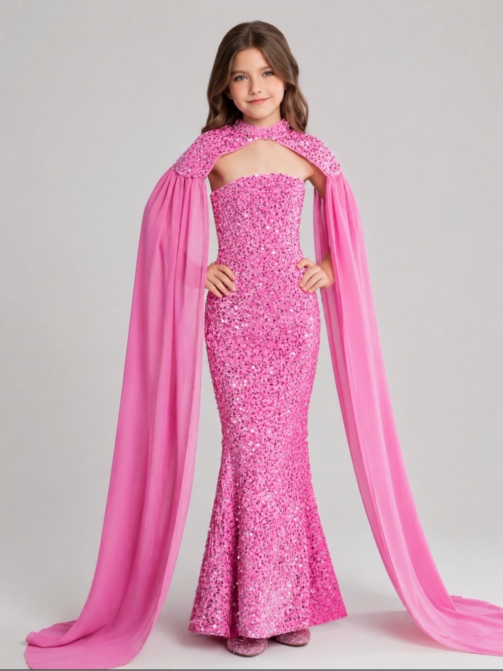 Alisa & Leo Kids Couture Pink Sequin Gown with Chiffon Cape
